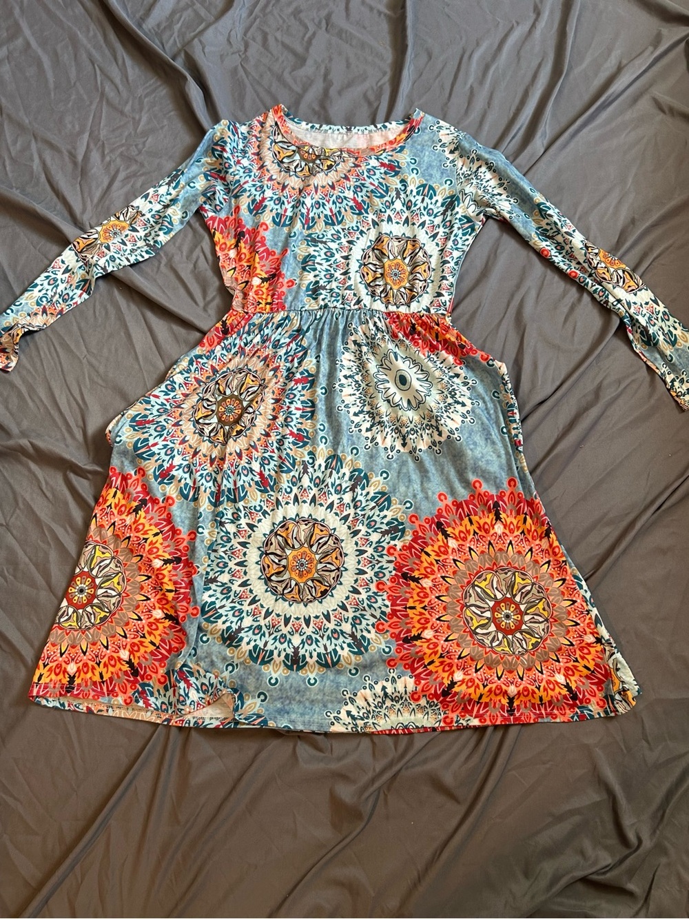 Medallion-Print Long Sleeve Fit & Flare Dress in Teal & Coral